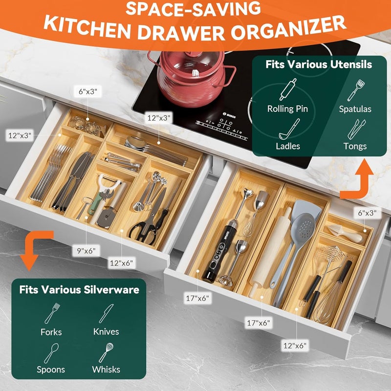 Lixple Bamboo Drawer Organizer for Kitchen & Bath, Extra Large Stackable Tray for Silverware, Toiletries & Utensils, 2 Pcs, 17" x 6" x 2" (Outer), 16.3" x 5.3" x 1.77" (Inner) - Image 4